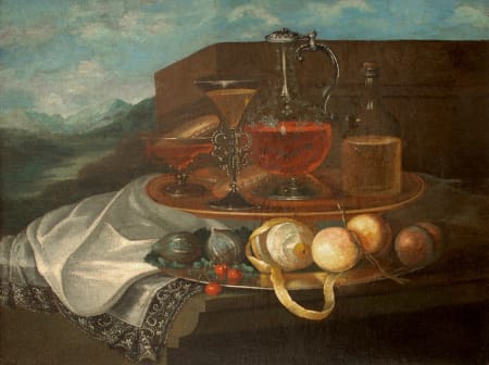 Scuola romana del XVIII secolo — Natura morta di frutti e cristalli